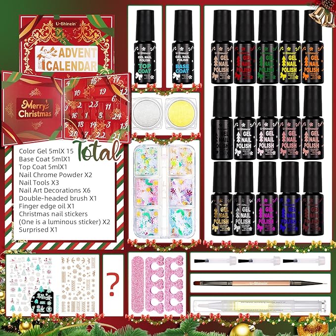 Nail Polish Advent Calendar 202524-Piece Nail Varnish Advent Calendar Christmas Calendar for Women and Girls Nail Polish Colours Kit Nail Art Tool Glitter Decorations Care and Accessories