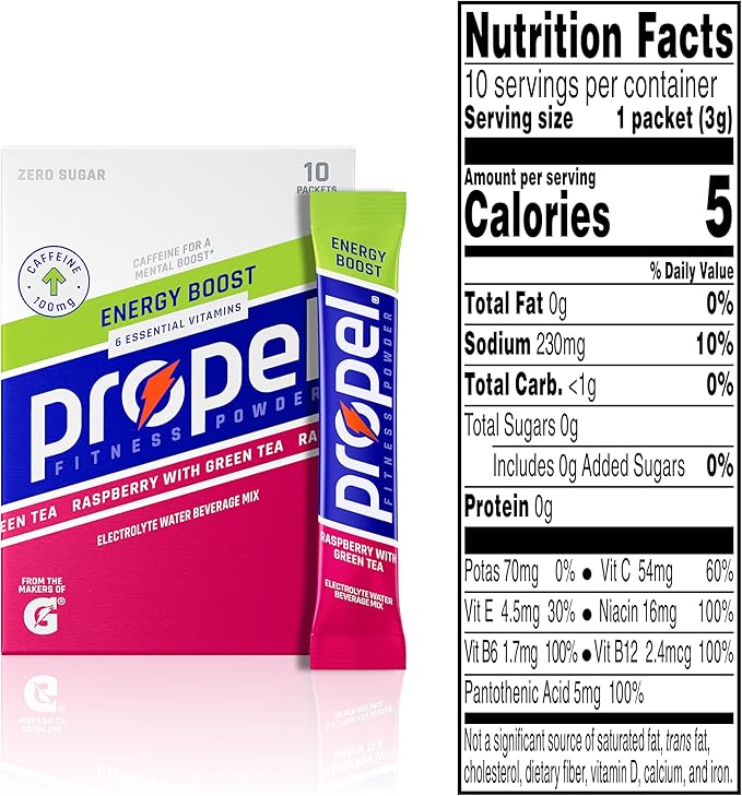 Propel Energy Boost Zero Calorie Powder Packets with Electrolytes and Caffeine Raspberry Green Tea (120 Pack)