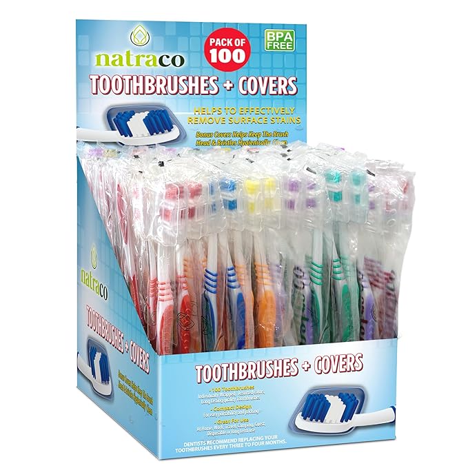 Bulk Toothbrush Pack with Covers | Premium Quality Individually Wrapped Colorful Tooth Brushes | Medium Soft Bristles for Travel Donations Hotels (100)