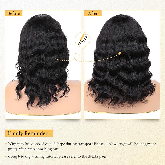 WIGNEE 100% Virgin Human Hair Loose Deep Wave Wigs with Bangs Brazilian Human Hair Wave Wig for Women Natural Black (12 Inch)