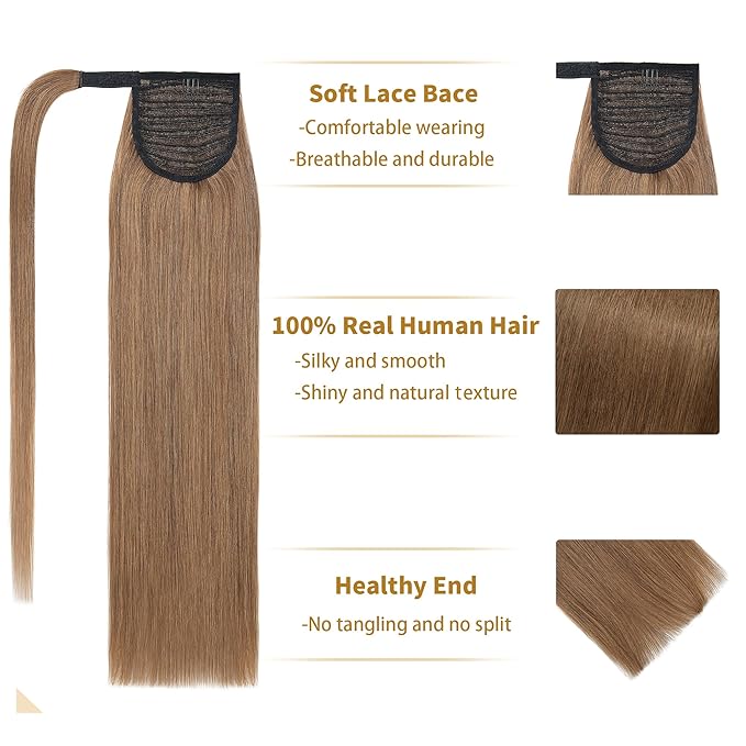 SEGO Ponytail Extension Human Hair Real Human Hair Clip In Wrap Around Long Straight Ponytail With Magic Paste Pony Hairpieces for Women -18 Inch 90g 6 Light Brown