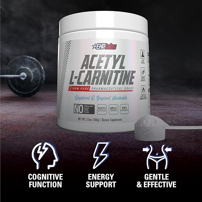 EHP Labs Acetyl L Carnitine Powder - Supports Natural Energy Production Assists in Healthy Brain Function Supports Heart Health Vegan Gluten Free Non GMO - 100 Servings