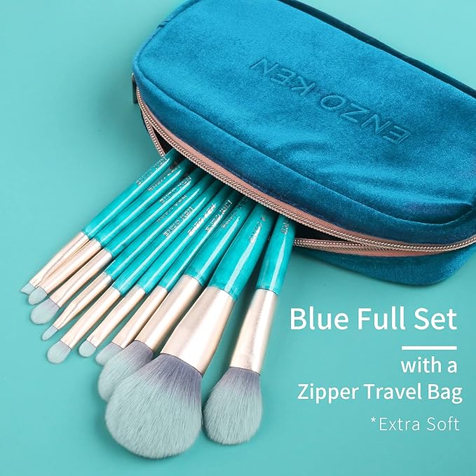 Blue Makeup Brushes Set with Case by ENZO KEN Vegan Makeup Brush Set Professional Cosmetic Brushes Makeup Set Make up Brushes Vegan Make up Brushes Set Professional Wooden Makeup Brush Set Vegan