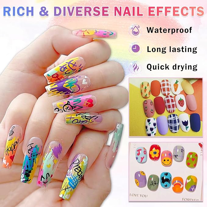 48 Colors Nail Art Pens Set Nail Polish Pens Nail Art Drawing Graffiti Marker Pen Quick Dry Waterproof Nail Art Painting Pens Kit for Home DIY Nail Art Design