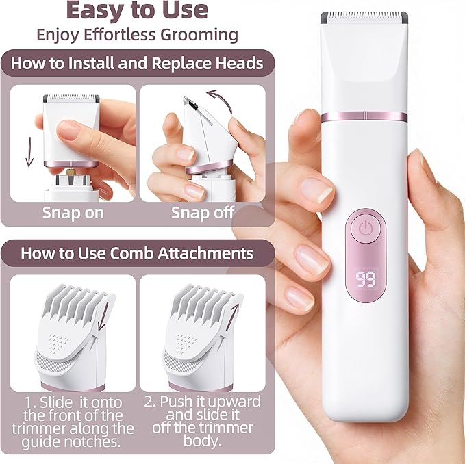 5-in-1 Bikini Trimmer for Women: IPX7 Waterproof Electric Razor Shaver for Face Pubic Area Leg Arm Underarm Nose Cordless Rechargeable Body Hair Removal Battery Display Ceramic Blade
