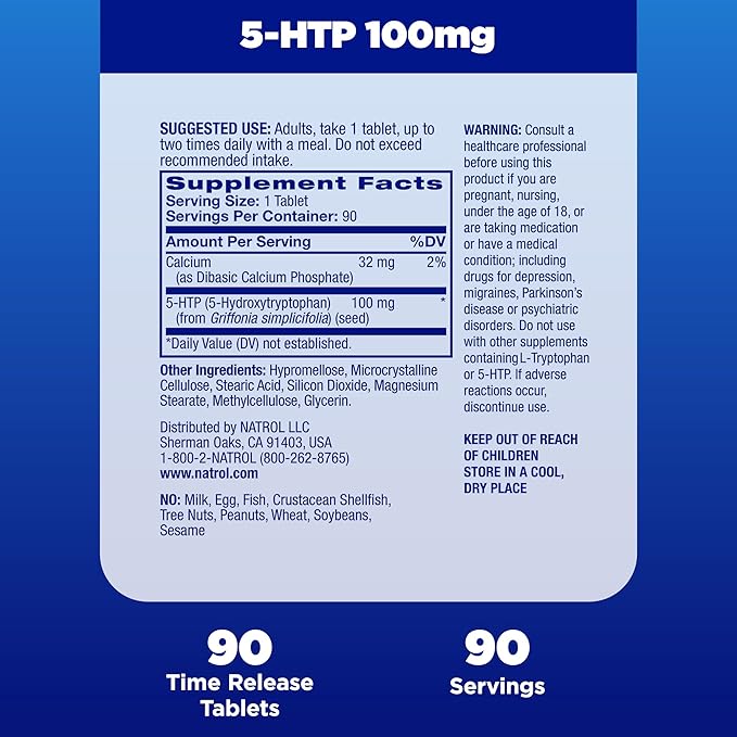 Natrol 5-HTP 100mg Dietary Supplement Helps Support a Balanced Mood Mood and Stress Support Supplement 90 Time Release Tablets 45-90 Day Supply
