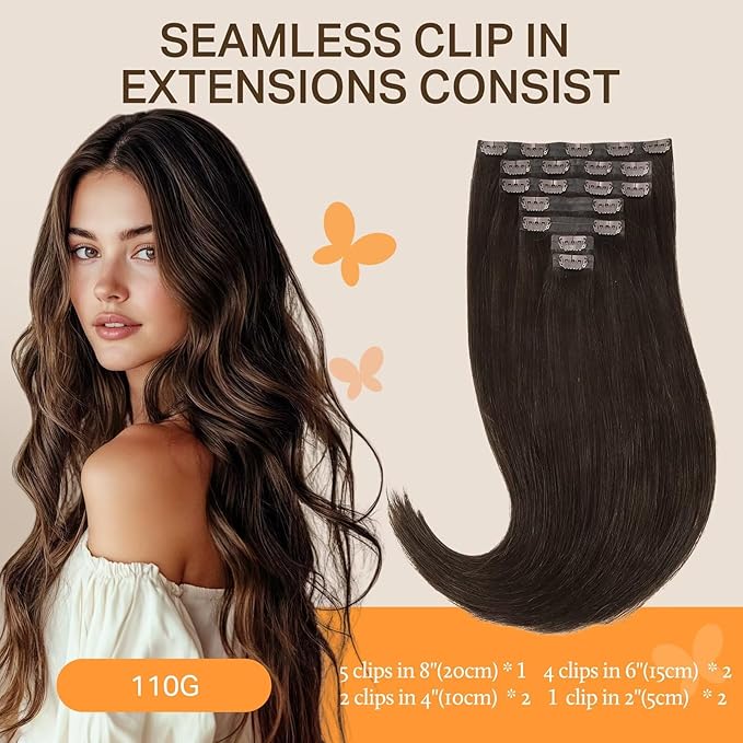 DOORES Seamless Clip-in Hair Extensions Real Human Hair Light Dark Brown 18 Inch 110g 7pcs Invisi Edge Straight Natural Hair