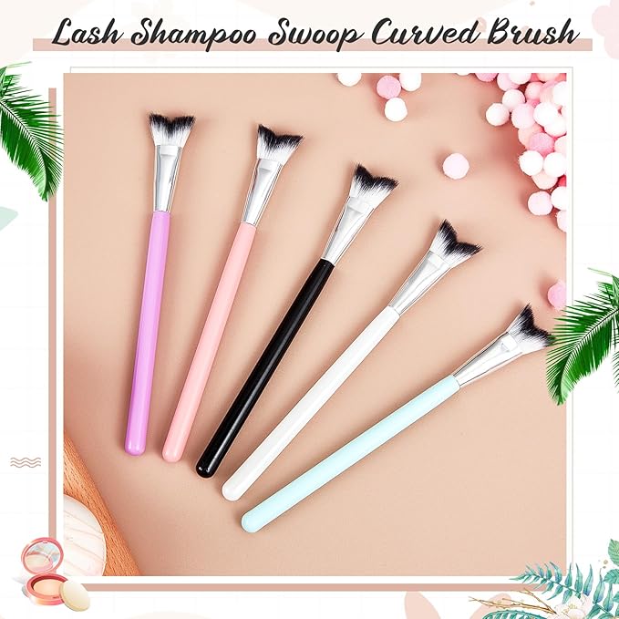 Mifoci 30 Pcs Curved Fluffy Lash Cleaning Brush Eyelash Extension Shampoo Brushes Swoop Eyelash Cleanser Brush Soft Makeup Removal Bath Tools for Home and Salon Use 5 Colors