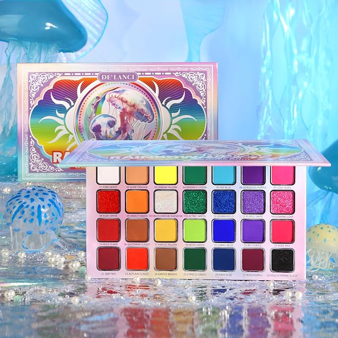 DE'LANCI Rainbow Eyeshadow Palette Colorful Makeup Pallet Multichrome Bright Neon Eyeshadow Palette High Pigment Vibrant Face Paint Rainbow Iridescent Makeup Long Lasting Daily Festival Goth FX Look