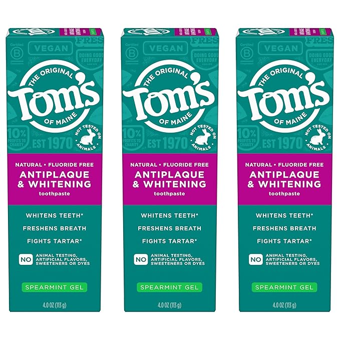 Tom's of Maine Antiplaque and Whitening Fluoride Free Natural Toothpaste Gel Vegan Spearmint 4 Ounces (3 Pack)