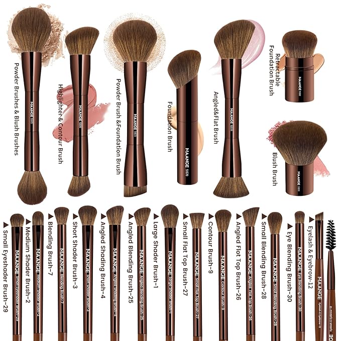 MAANGE 20 Pcs Makeup Brushes with Gift Box Double-End Multi-functional Makeup Brushes for Blending Liquid Powder Concealer Cream Blush BuffeDark Brown