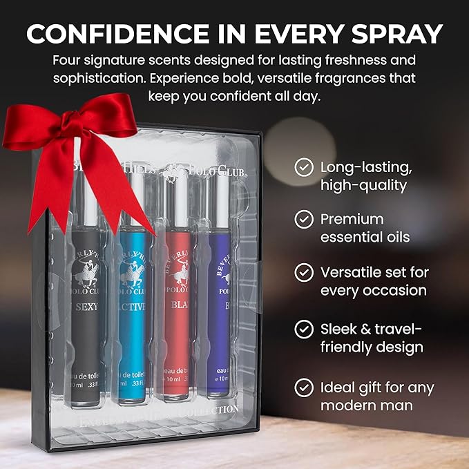 Beverly Hills Polo Club EDT Pen Spray Collection - Set of 4 Men's Fragrance Gift Set - draft Sexy Blaze and Blue Scent - Long-Lasting Travel-Friendly Cologne for Men (10ml Each)