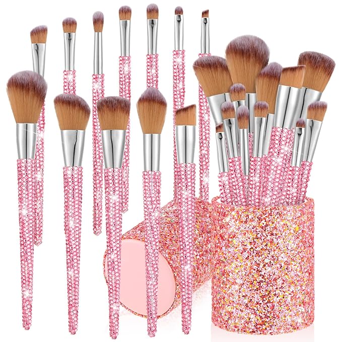 Rtteri 13 Pcs Rhinestone Pink Makeup Brushes Set Bling Crystal Professional Face Cosmetics Blending Liquid Foundation Powder Concealer Eye Shadows Make up Beauty Tool Glitter with Holder