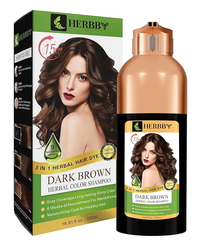 HERBBY Hair Color Shampoo for Gray Hair Coverage&ampColor Transform with 9 Herbal Extracts ?Long Lasting(6-8 Weeks)ShinyEvenly ColoredInstant Hair Dye Shampoo&ampConditioner 500 Ml (DARK BROWN C