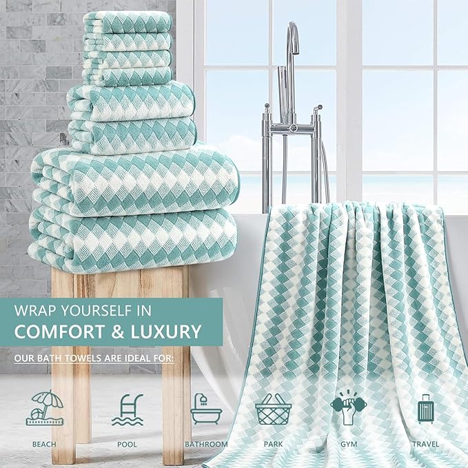 8 Piece Bathroom Towel Set Aqua |2 Oversized Large Bath Towels Sheet2 Hand Towels and 4 Washcloths| 600GSM Ultra Soft Luxury Premium Towel Set Highly Absorbent Quick Dry Hotel Towel Collection