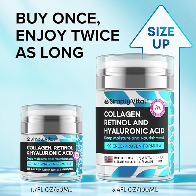 SimplyVital Collagen Retinol &amp Hyaluronic Acid Cream - Anti-Aging Retinol Cream for Face Neck &amp D?collet? - Made in USA - Daily Moisturizer Face Cream - 3.38 fl oz