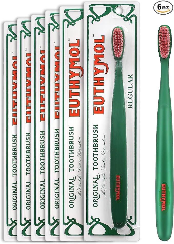 Euthymol Original Toothbrush (Regular 6 Count) - Standard-Sized Curved Soft Bristles for Sensitive Teeth Gums. Effective Gentle Cleaning for Entire Family.