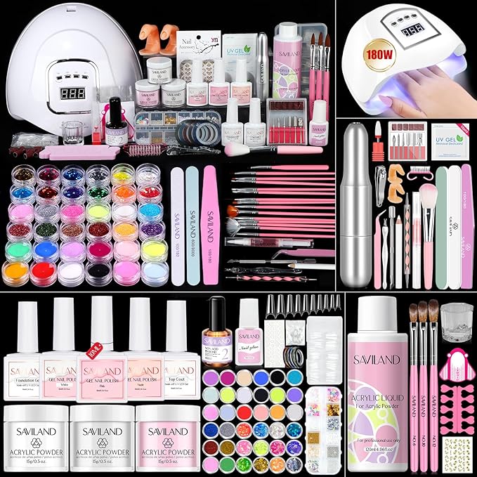 Saviland Acrylic Nail Kit for Beginners: Keratin Acrylic Powder Castor Oil Vitamin E Gel Nail Polish Primer 180W Nail Lamp Nail Drill Full Tools Everything Home Starters