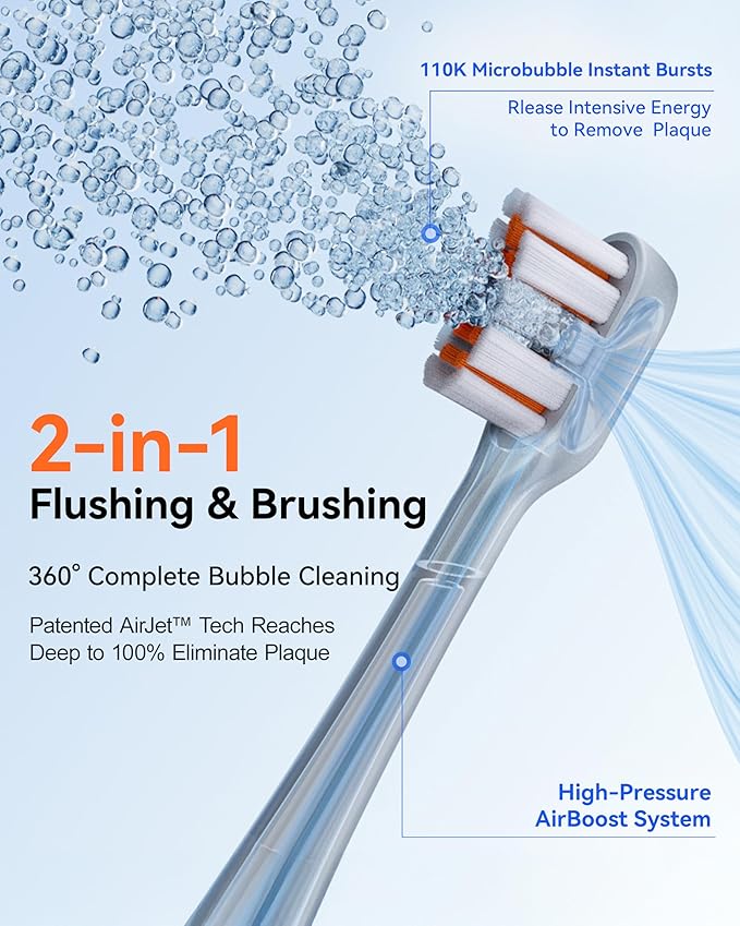 RANVOO AirJet PH3 [Vibrating &amp Flossing 2-in-1] Bubble Sonic Electric Toothbrush Plaque Removal White for Adult Protect Gum Orthodontic Teeth Clean Rechargeable Gift with 2 Soft Brush Heads Whit