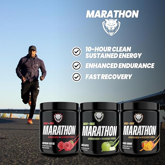 6AM Run Marathon | Running Supplements for Endurance &amp Stamina | Amino Energy with BCAAs for a Clean Pre Running Fuel | No Jitters | Marathon Essentials | Raspberry Iced Tea | 40 Servings