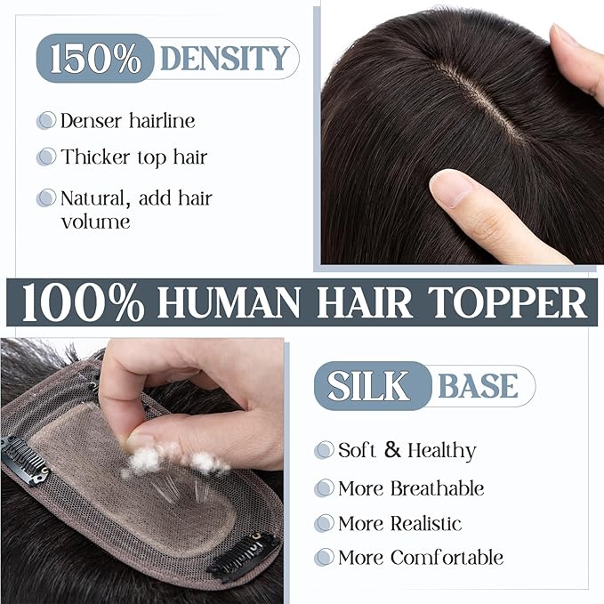 Benehair Hair Toppers for Women Real Human Hair With Bangs 150% Density 7 * 13 CM Silk Base Clip in Hair Pieces for Women 10 Inch #1B Natural Black