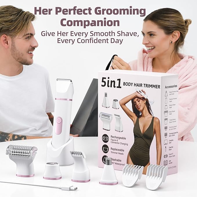 5-in-1 Bikini Trimmer for Women: IPX7 Waterproof Electric Razor Shaver for Face Pubic Area Leg Arm Underarm Nose Cordless Rechargeable Body Hair Removal Battery Display Ceramic Blade