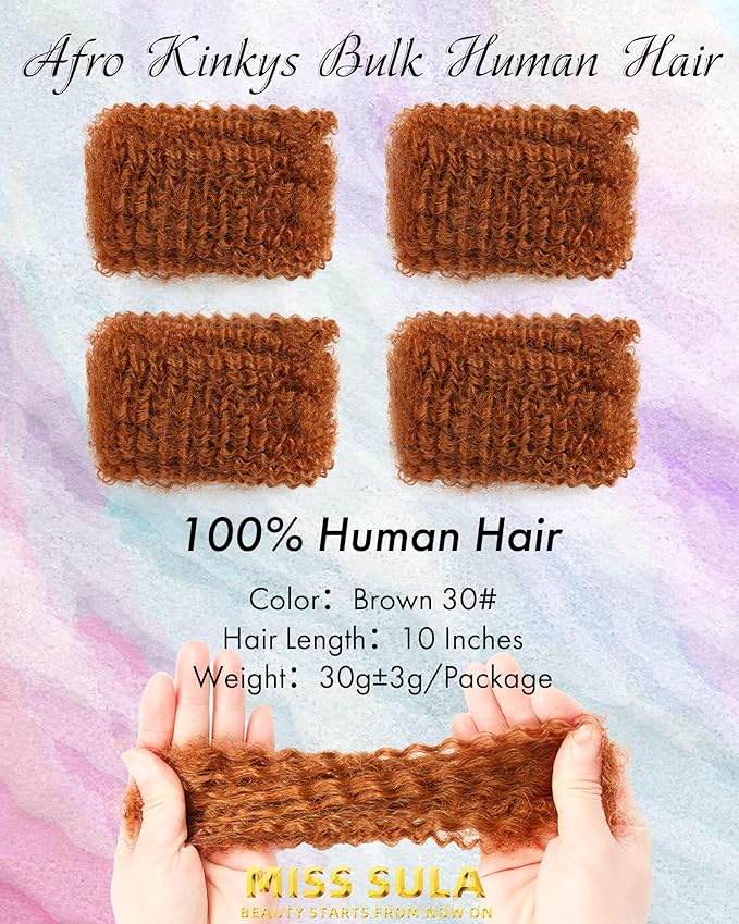 Afro Kinkys Bulk Human Hair ExtensionsKinky-Curly Real Human Hair for Dreadlocks/Locs Repair Twist &amp Braid Crochet Human Braiding Hair Bundles Natural Brown 10 Inches 4 Packs30#