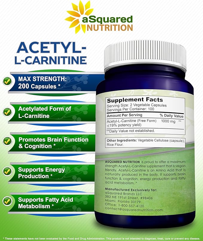 aSquared Nutrition Acetyl L-Carnitine 1000mg Max Strength - 200 Veggie Capsules - High Dosage Acetyl L Carnitine HCL (ALCAR) Supplement Pills to Support Pure Energy Brain Function &amp Fatty Acid