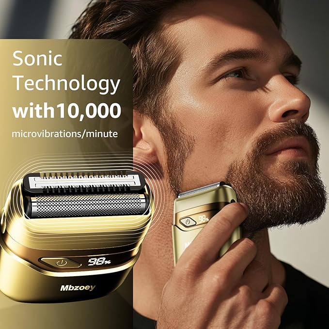 Electric Foil Shavers for Men Mini Electric Razor Compact Face Shaver IPX7 Waterproof Wet Dry Cordless Razor LED Display USB-C Travel-Friendly Light Gold