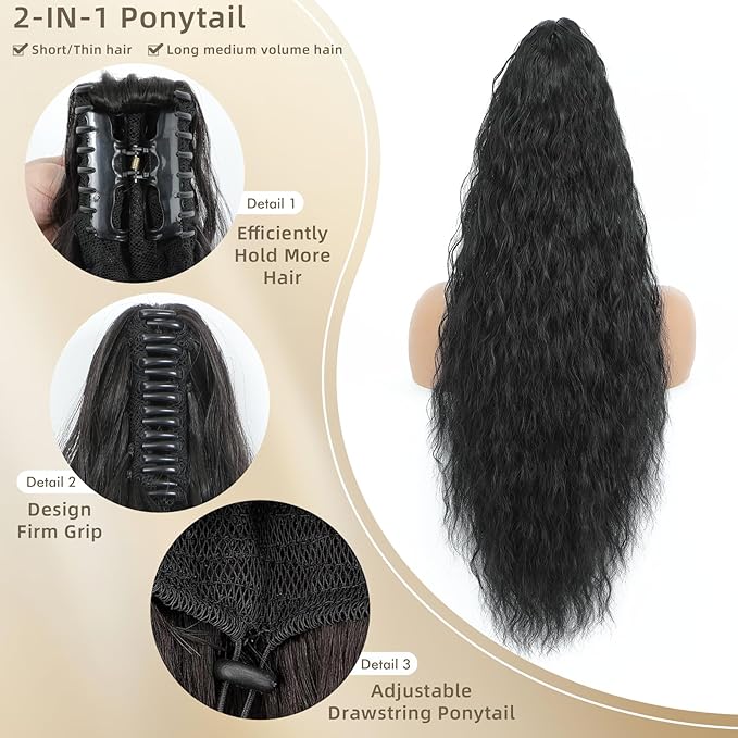 Claw Clip in Ponytail Extension 30 Inch Long Wave Curly Pony Tail Hair Extensions for Women fluffy Natural Looking Synthetic Hairpiece for Daily Use(Black 30Inch)
