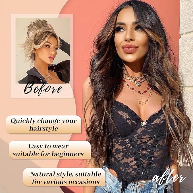 AISI HAIR Dark Brown with Highlights Wig for Women Long Wavy Lace Hairline Middle Part Synthetic Heat Resistant Wig for Daily Party-26 Inch