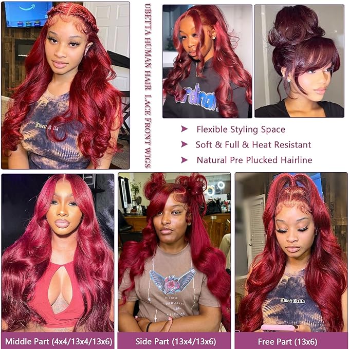 99j Burgundy Lace Front Wigs Human Hair 30 Inch Body Wave 13x6 Lace Front Wigs Human Hair 99j Red Wine Body Wave Glueless Wig Human Hair Pre Plucked Lace Frontal Wig for Black Women 180% Density