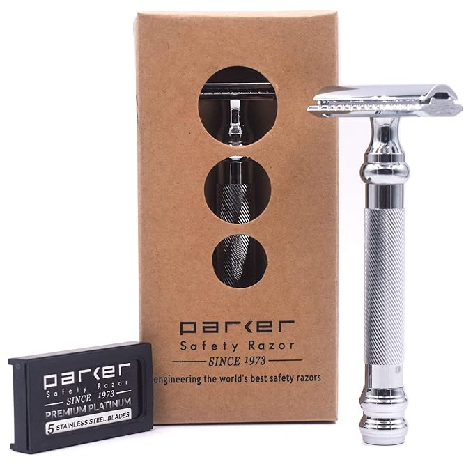 Parker 98R Heavyweight 3-Piece Double Edge Safety Razor ? Long Handle Closed Comb Design for Smooth Wet Shaving Includes 5 Platinum Blades ? Iconic Brand in Traditional Shaving