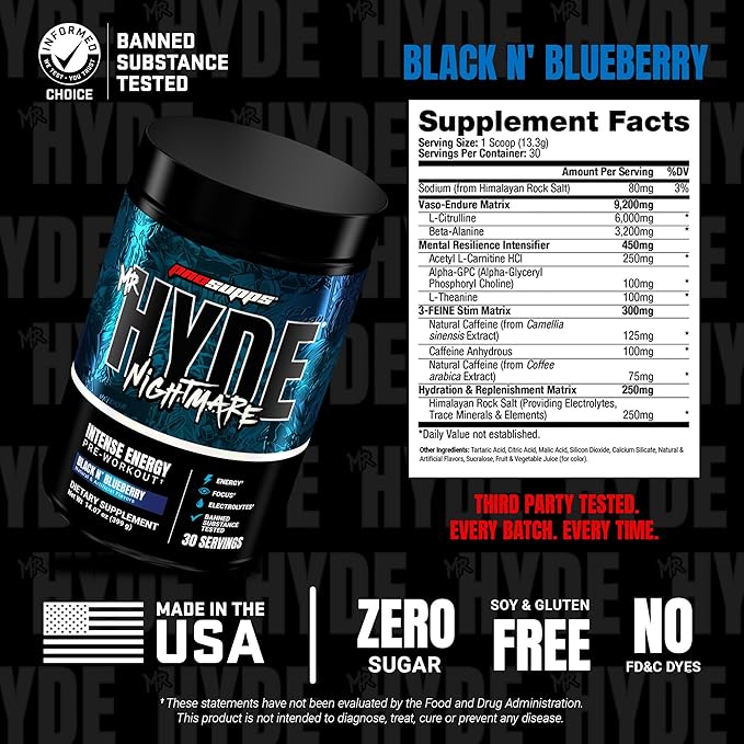 PROSUPPS Mr. Hyde Nightmare Pre Workout Powder with Caffeine &amp Beta Alanine - Preworkout for Intense Energy Mental Focus &amp Performance - Gym &amp Fitness Supplements (Black N' Blueberry 30