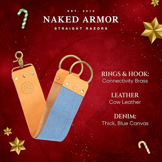Naked Armor Straight Razor Leather Strop - 2.5 x 15 Cow Leather Razor Blade Sharpener with Brass Hooks Brown