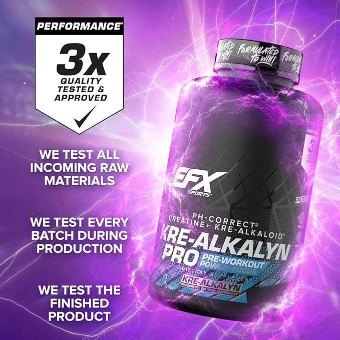 EFX Sports Kre-Alkalyn Pro | pH Correct Creatine Monohydrate Pill Supplement | Muscle Building Pre Workout for Men &amp Women | 60 Servings 120 Capsules