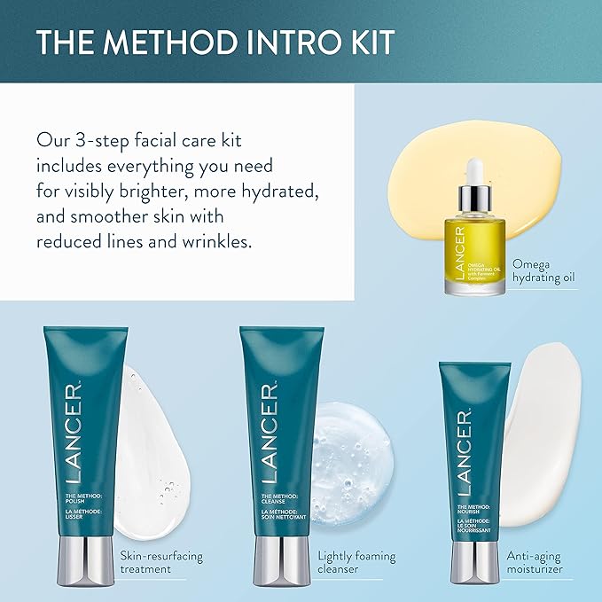 Lancer Skincare The Method Intro Kit 3-Step Anti-Aging Facial Exfoliator Cleanser and Moisturizer Kit for Glowing Skin Reveals Healthy-Looking Glowing Skin