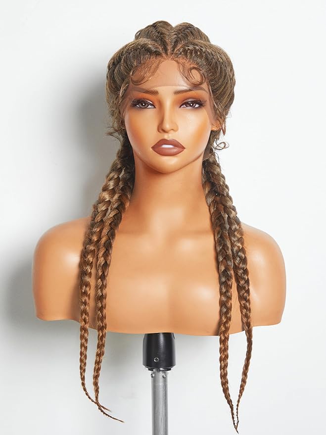GORGIUS Brown Highlight Box Braid Wigs Pre Plucked Pre Braided Synthetic Lace Front Wig Handmade 4 Twisted Cornrow Braiding Wig For Women