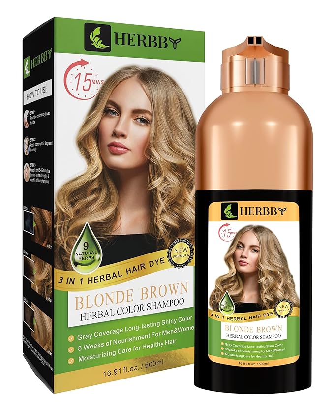 HERBBY Hair Color Shampoo for Gray Hair Coverage&ampColor Transform with 9 Herbal Extracts ?Long Lasting(6-8 Weeks)ShinyEvenly ColoredInstant Hair Dye Shampoo&ampConditioner 500 Ml (BLONDE BROWN