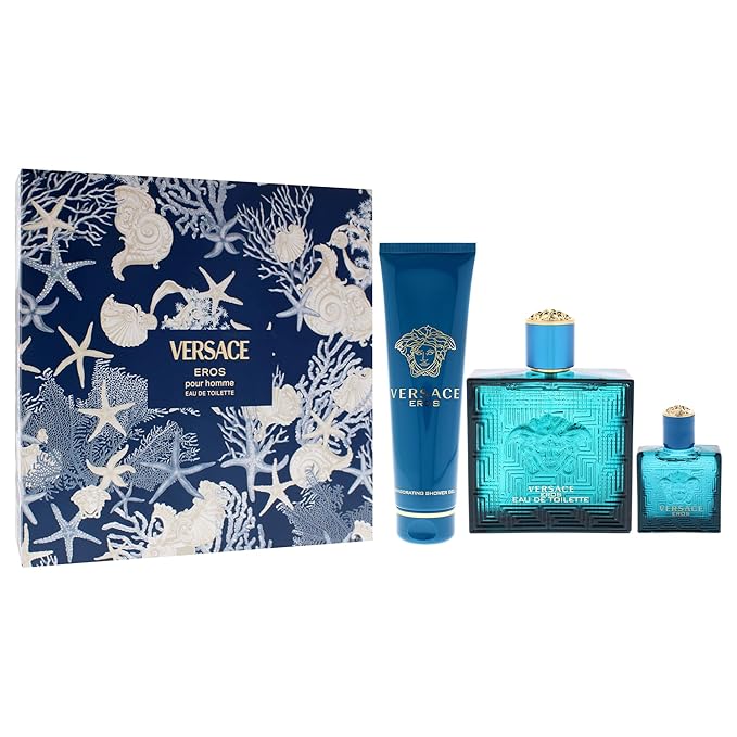 Versace Eros by Versace for Men - 3 Pc Gift Set 3.4oz EDT Spray 0.17oz EDT Spray Vial (Mini) 5oz Shower Gel