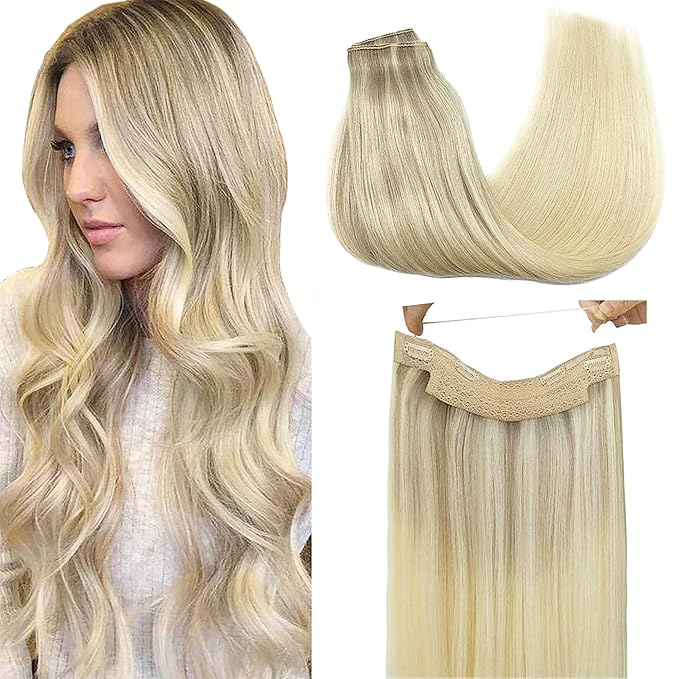 GOO GOO Wire Hair Extensions Human Hair 17/22/60 Ash Blonde with Golden Blonde and Platinum Blonde Balayage 18inch 95g Invisible Wire Hair Extensions with Transparent Seamless Fish Line Hairpiece