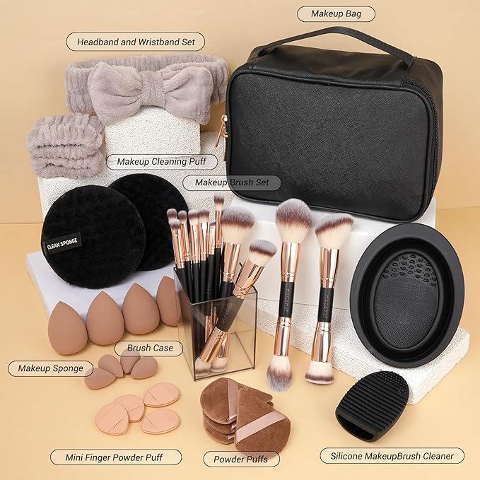 MAGEFY Makeup Brushes 37 Pcs Makeup Kit Multi-functional Makeup Tool Set with Double-End Powder Blush Eyeshadows Brush Make up Brushes Set BagBlackgold