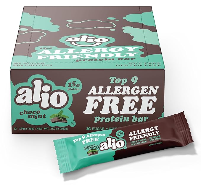 Alio Protein Bars - Choco Mint (12 Bars) ? Free From The Top 9 Food Allergens High Protein Low-Calorie Vegan Gluten-Free Nut-Free Non-GMO Plant-Based Seed Oil Free Delicious &amp Healthy Sna