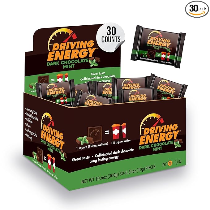 Driving Energy - Caffeinated Energy Bite Size - Dark Chocolate Mint Energy Fuel with 150mg Caffeine - Long-Lasting Energy for Gym Workout Adults - Great Taste - Low Carb - Healthy Snack - 30 Count