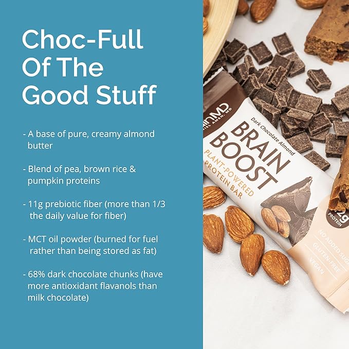 BRAINMD Brain Boost Dark Chocolate Almond - 10 Plant-Powered Protein Bars - Vegan Gluten Free Keto Friendly