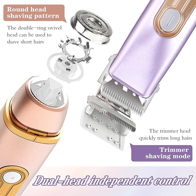 WNJ 2 in 1 Women Electric Shaver - Dual Head Bikini Trimmer - IPX7 Waterproof - Wet &amp Dry Use - Body Hair Trimmer and Facial Hair Remover for Bikini Underarm Leg Private Area Arm Body Face