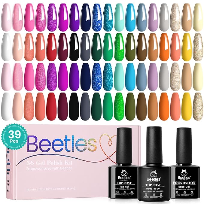 Beetles Fall Gel Nail Polish Set 36 Colors Gel Polish Set Sparkle Red Pink Glitter Black Nail Kit Free Journey Collection with 3Pcs Base Top Coat Soak off Uv Gel Polish Manicure Kit