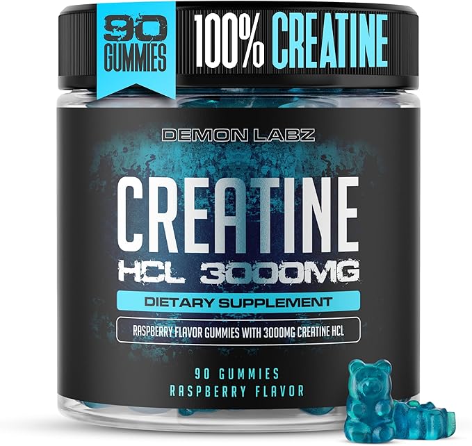 Creatine HCl 3000mg Per Serving - Raspberry Flavor - Vegan Gummies (90 Count Single Pack)