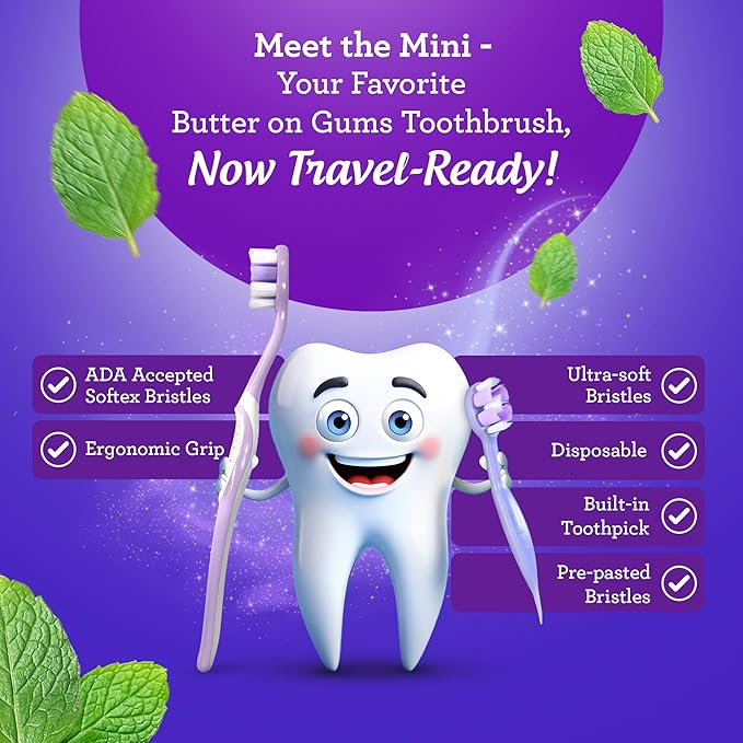 GuruNanda Ready-to-Go Disposable Mini Travel Toothbrushes - Butter on Gums Softex Bristles Pre-Pasted Toothbrush &amp Toothpick - Fluoride-Free No Rinsing Needed 70 Ct