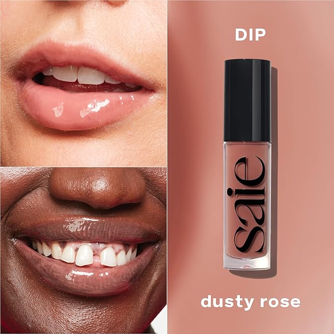 Saie Glossybounce - Hydrating Lip Gloss and Tinted Lip Oil Hybrid with Hyaluronic Acid &amp Jojoba Oil for Non-Sticky Ultra-Shiny Plump &amp Soft Lips - Everyday Makeup Essential - Dip (.17 oz)